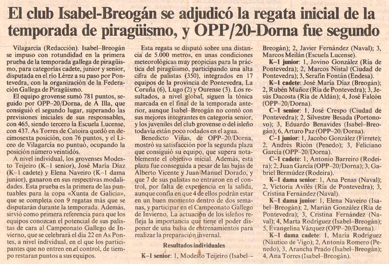 Prensa El club Isabel-Breogán se adjudicó la regata inicial de las temporada de piragüismo, y OPP/20-Dorna fue segundo