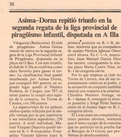 Prensa Asinsa-Dorna repitió triunfo en la segunda regata de la liga provincial de piragüismo infantil, disputada en A Illa