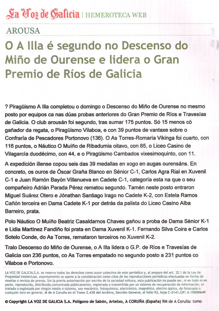 Prensa O A Illa é segundo no Descenso do Miño de Ourense e lidera o Gran Premio de Ríos de Galicia