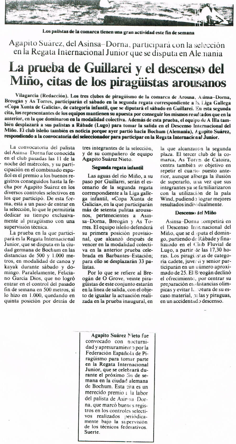 Prensa La prueba de Guillarei y el descenso del Miño, citas de los piragüistas arousanos